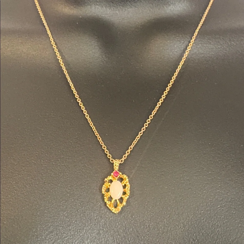Gold Color Metal Pendant and Thin Chain Necklace Faux Opal and Ruby Pendant